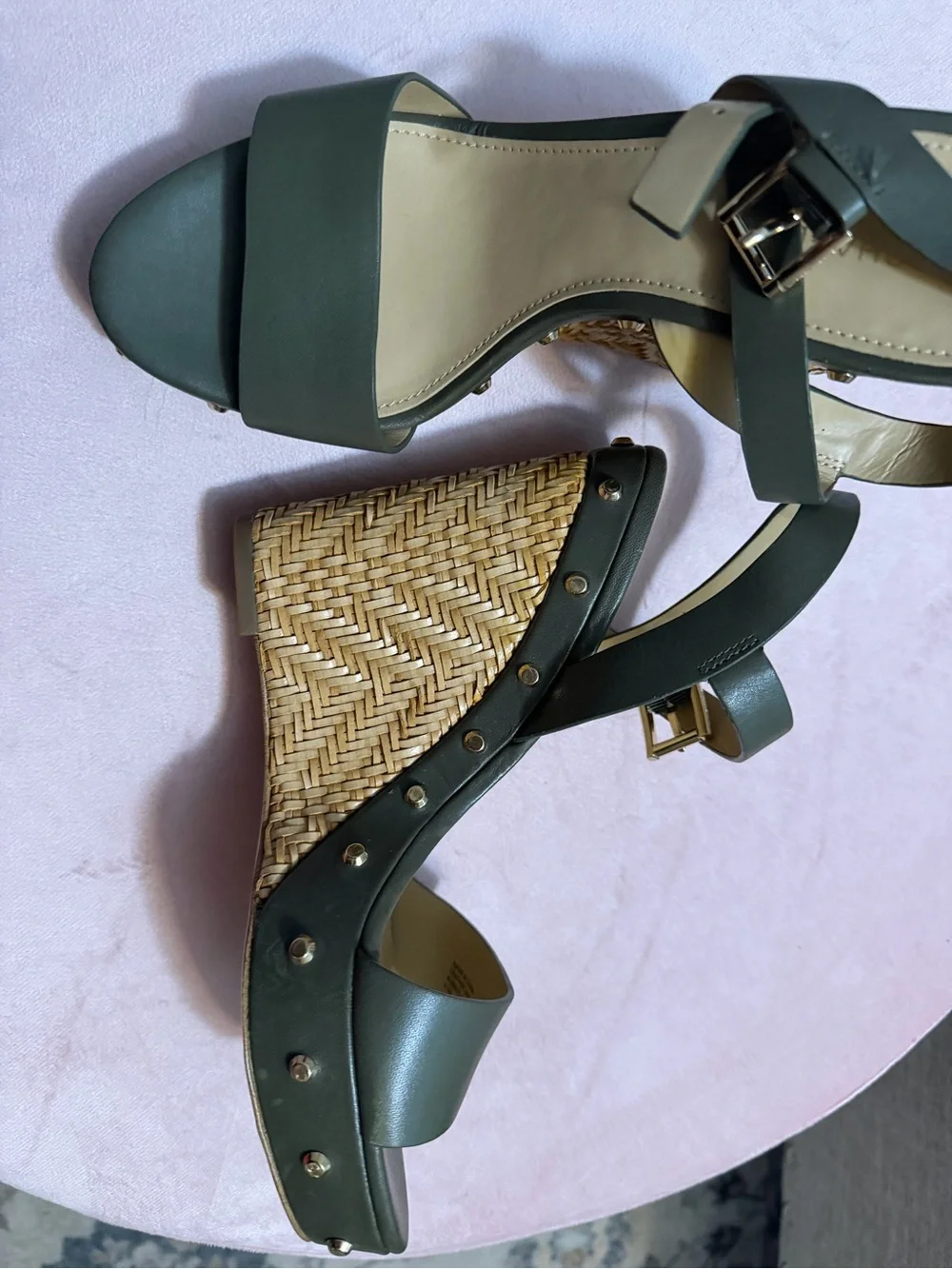 Michael Kors Women's Olive Green Wedge Sandals with Raffia Detail